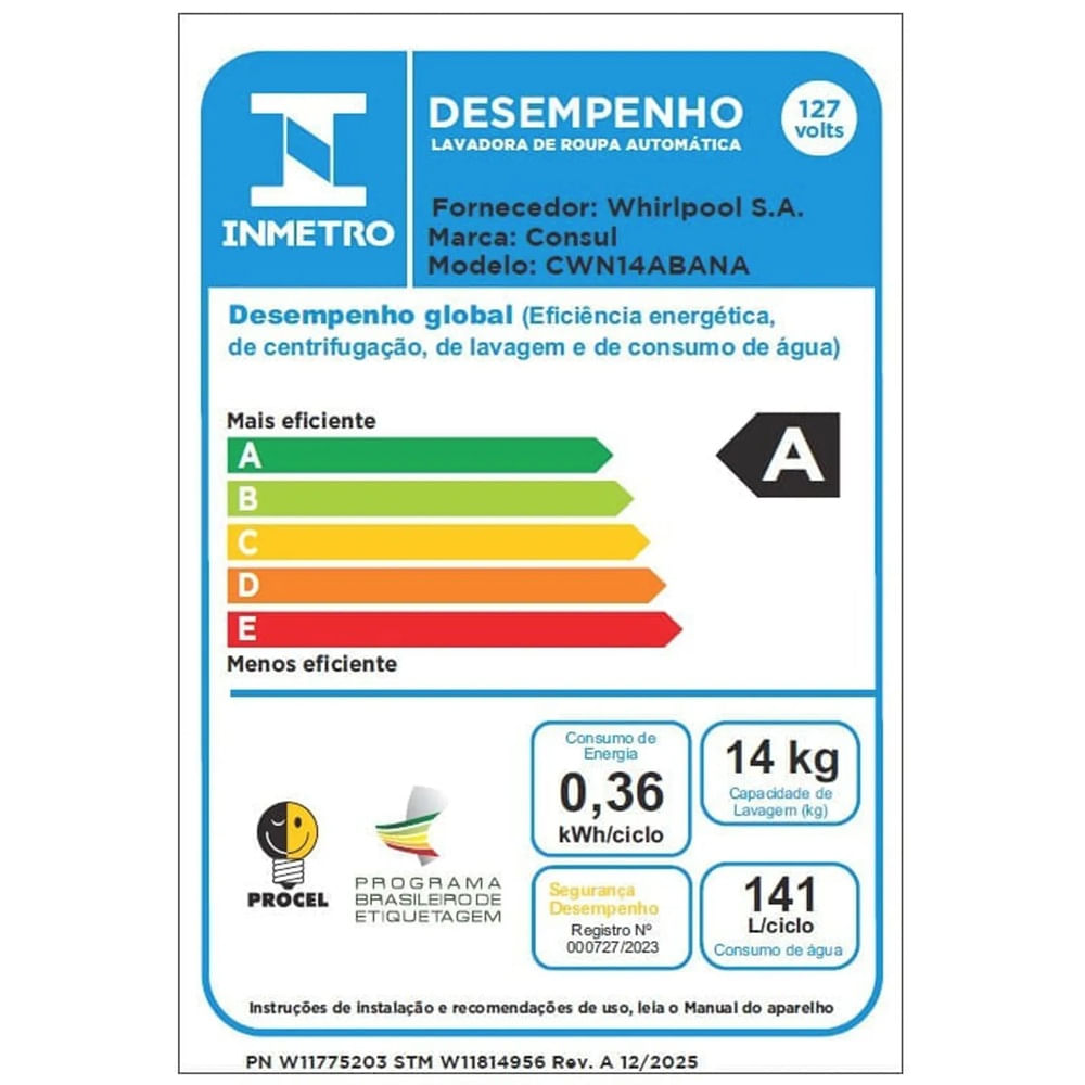 Lavadora de Roupas Consul 14Kg com Modo Eco Branca CWN14AB - 127 Volts
